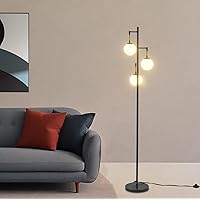 3 Globe Mid Century Modern Globe Floor Lamp with Frosted Glass Shade and 3000K LED Bulbs, Contemporary Retro Black Standing Lamp for Living Room Bedroom Office