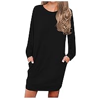 Casual Dresses for Women 2023 Trendy Solid Color Simple Classic Loose with Long Sleeve Scoop Neck Pockets Dress