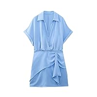 Women Solid Color Pleats Knotted Design Casual Slim Mini Shirt Dress Office Lady Chic Zipper Vestidos