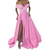 Off-The-Shoulder Long Satin Lace Up Women Evening Prom Gown with Pockets and Train