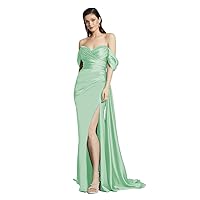 Satin Off Shoulder Mermaid Prom Dresses 2023 Long Plus Size V-Neck Beaded Elegant Split Pleated Formal Gowns for Women Mint 18