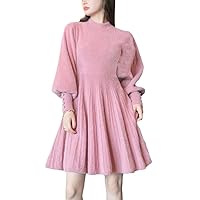 Autumn Winter Knitted Sweater Dress, Women Korean Sweet Long Sleeve Button Casual Pull Mini Dress