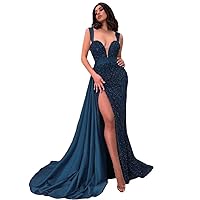 Women’s Sequin Satin V Neck Prom Dresses with Detachable Train, Sleeveless Long Formal Evening Gowns with Slit
