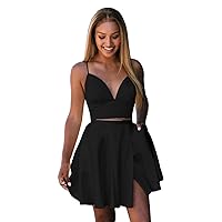 Juniors Spaghetti Straps Satin Homecoming Dress 2 Piece Prom Gown with Slit