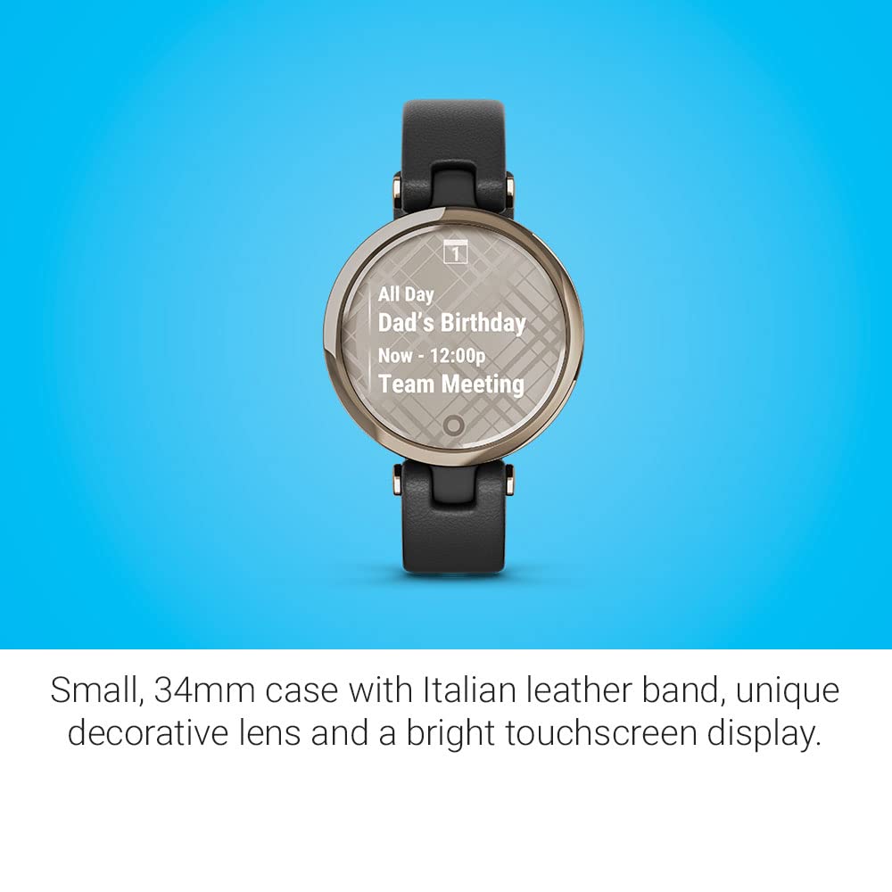 Garmin Lily™, Small Smartwatch with Touchscreen and Patterned Lens, Light Gold with Black Leather Band, 1 inch