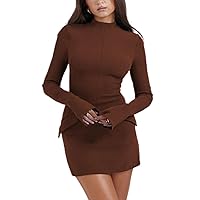 Fall Dresses for Women Ruched Mock Neck Long Sleeve Bodycon Dress Plain Solid Casual Tight Mini Dresses with Pockets
