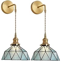 Tiffany Wall Sconces Battery Operated Set of 2,Indoor Wireless Wall Lights with Remote,Blue Glass shade Vintage Hanging Wall Lighting Fixture Wall Decor for Bedroom Bathroom Living Room Hallway