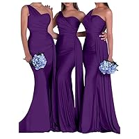 One Shoulder Mermaid Bridesmaid Dresses for Wedding Bodycon Satin Long Formal Evening Gowns with Train