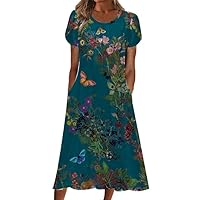 Women's Bohemian Floral Printed Maxi Dress Colorful Summer Casual Loose Flowy Dresses with Pockets