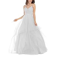 Women's V-Neck Long Glitter Tulle Spaghetti Prom Ball Gowns 20 White