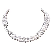 JYX Pearl Double Strand Necklace AA+ Qulaity 9-10mm Flat Round White Freshwater Pearl Necklace 19.5