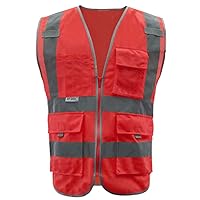 Big & Tall 9 Pockets High Visibility Zipper Front Safety Vest With Reflective Strips, Meets ANSI Standards-Red-US L
