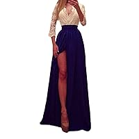 Women's Sex Appeal Princess Dress Floral Long Lace Sleeve Deep V-Neck Party Split Thick Silk Autumn (XL, Dark Blue)