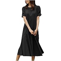 Women Cotton Linen Retro Fishtail Hem T-Shirt Dress Summer Short Sleeve Crewneck Casual Dressy Solid Sheath Dress