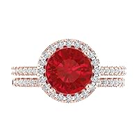 Clara Pucci 2.72ct Round Cut Halo Solitaire Genuine Simulated Ruby Engagement Promise Anniversary Bridal Ring Band set 18K Rose Gold