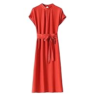 Women's Solid Color Mulberry Silk Dress Short Sleeve Stand Collar Jacquard Dress with Belt Brick Red XXL