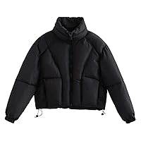 Women's Quilted Casual Puffer Jacket Winter Warm Zip Up Long Sleeve Stand Collar Padded Coat Short Bubble Outerwear