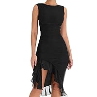 Sexy Sleeveless Bodycon Dress 3D Floral Ruffle Long Dress Summer Party Clubwear Ruffles Tube Tassels Dresses (Black,M)