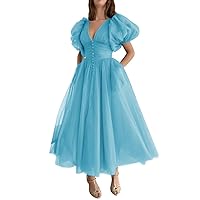 Xijun Puffy Sleeve Prom Dresses for Women Dotted Tulle V Neck Formal Evening Party Gowns Tea Length