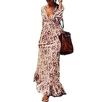 Women Pattern Print Long Dresses Casual Long Sleeves Loose Dress Ladies Summer V-Neck Loose Maxi Dress
