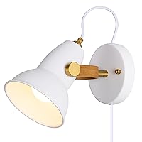 Modern Plug in Wall Sconces, Matte White Bell Lamp, Natural Solid Wood Band, Brass Accent, Rotatable Wall Light for Bedroom, Living Room, Reading
