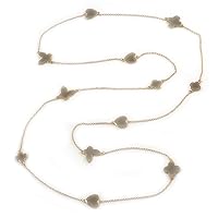 Long Light Grey Enamel Heart, Flower, Butterfly Necklace In Gold Plating - 154cm L