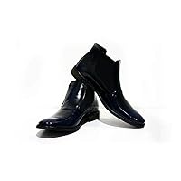 PeppeShoes Modello Palermo - Handmade Italian Mens Color Navy Blue Ankle Chelsea Boots - Cowhide Patent Leather - Slip-On