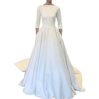 Elegant Boat Neck Wedding Dresses for Bride Long Satin Train 3/4 Sleeves Wedding Gowns for Women with Pockets