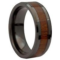 8mm Black Ceramic Wedding Band Natural Acacia Koa Wood Inlay Comfort Fit Ring Size 10