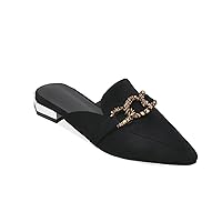 Womens Mules Flats Pointed Toe Backless Loafers Slip On Metal Chain Comfortable Faux Suede Slides