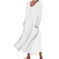 Women's Long Sleeve Dresses Cotton Linen 2023 Fashion Casual High Waist Crewneck Solid A-Line Dress with Pockets