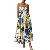 2024 New Summer Women's Graffiti Print Holiday Style high-Waisted Slim Suspender Dress