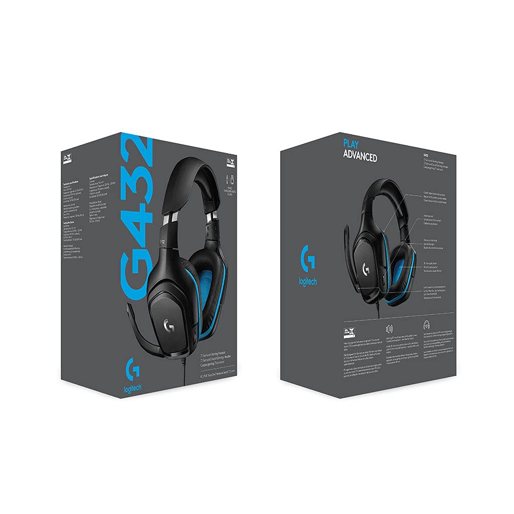 Logitech G432 Wired Gaming Headset, 7.1 Surround Sound, DTS Headphone:X 2.0, Flip-to-Mute Mic, PC (Leatherette) Black/Blue, 7.2 x 3.2 x 6.8 inches