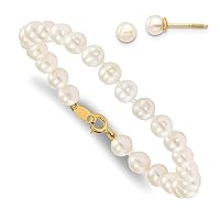 14k Yellow Gold Screw back Spring Ring for boys or girls Freshwater Cultured Pearl Set Bracelet and Post Earrings