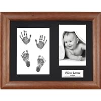 New Baby Handprint Footprint Kit, Inkless Wipe with Dark Wood Display Frame, Black Mount 0-3 yrs