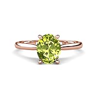 Center Peridot 2.11 ctw Oval Shape (9x7 mm) & Side Lab Grown Diamond Prong set Hidden Halo Engagement Ring in 14K Gold