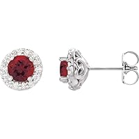 Solid 925 Sterling Silver Mozambique Garnet and 1/6 Cttw Diamond Stud Earrings (6.7mm x 6.7mm) (.16 Cttw)