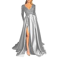 V Neck Sequin Long Sleeve Prom Dresses for Women Ball Gown Satin High Split Maxi Formal Wedding Dress with Pockets