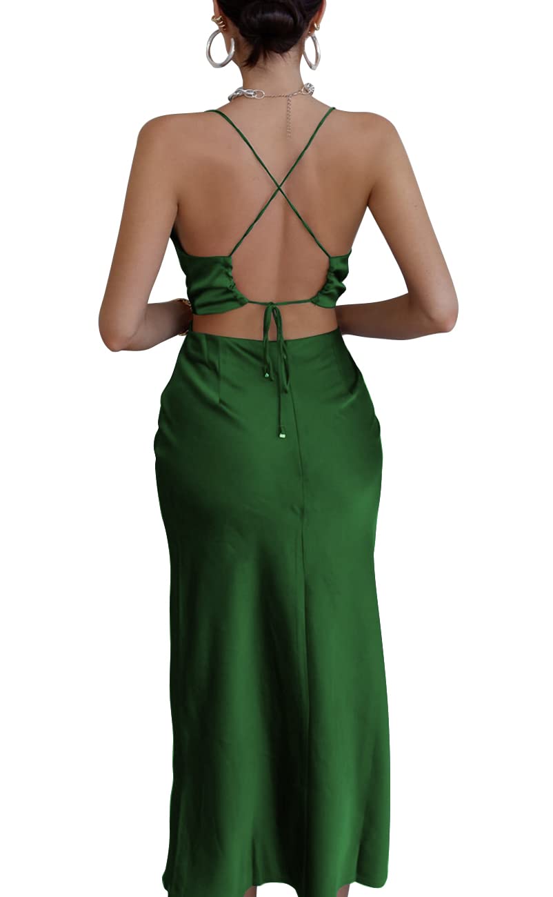 LYANER Women's Satin Cowl Neck Straps Slip Sexy Cut Out Cocktail Midi Dress