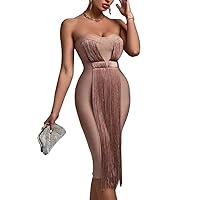 Women's Strapless Elegant Evening Dress Tube Tassel Embellishments Backless Bodycon Midi Cocktail Party Dresses