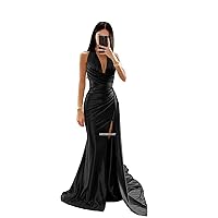 Women's Satin Mermaid Prom Dresses Long Slit Halter Corset Formal Dresses Ruched Backless Evening Party Gown