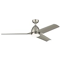 KICHLER 54 Inch Fit Ceiling Fan with CCT Selectable Light Module, 3 Blade Modern Fan, Satin Etched Cased Opal Glass in Brushed Nickel with Silver Blades (54