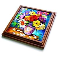 3dRose Colorful Summer Flowers in a Purple Ceramic Pot of a Wooden Table - Trivets (trv-374958-1)