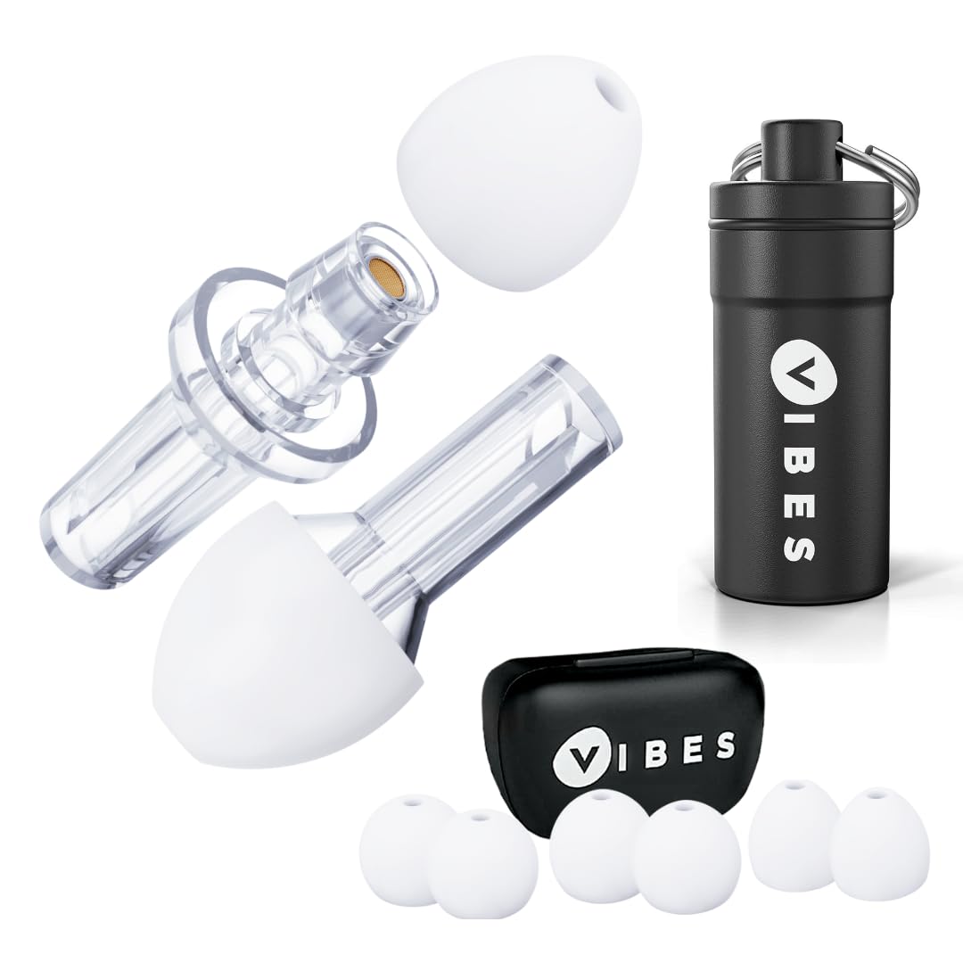 VIBES High Fidelity Ear Plugs and Keychain Case - Invisible, Clear, Noise Reduction Ear Plugs for Concerts, Musicians, Sensory Sensitivity, Motorcycles, Airplanes, Focus - Tips in S, M, L