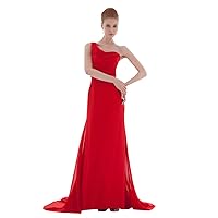 Elegant Red Chiffon One Shoulder Floor Length Dress With Pleated Bodice