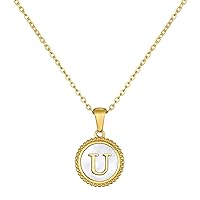 Glimmerst 18K Gold Plated Stainless Steel Initial Necklace White Shell Round Coin Letter Pendant Necklace Personalized Name Necklace for Women Girls Gold