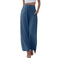 Womens Summer High Waisted Cotton and Linen Palazzo Pants Wide Leg Long Button Down Office Pant Trouser with Pockets