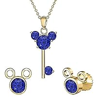 Created Round Cut Blue Sapphire Gemstone 925 Sterling Silver 14K Rose Gold Over Diamond Mickey Mouse Key Stud Earring Pendant Necklace Jewelry Set for Women's & Girl's
