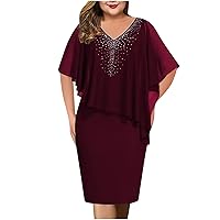 Plus Size Cape Dress for Women Elegant Casual V Neck Bodycon Pencil Dress with Chiffon Overlay Wedding Cocktail Party Dress