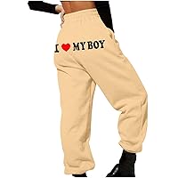 I Love My Boy Letter Back Sweatpant Women Funny Love Heart Jogger Pants Valentine's Day Elastic High Waist Trousers